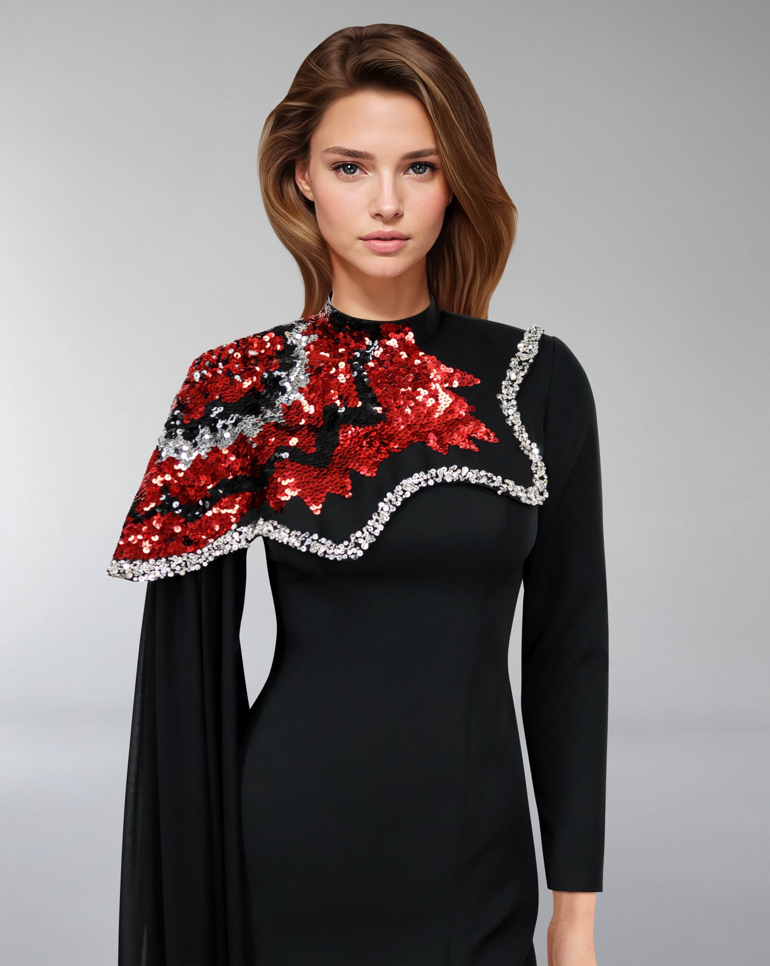 one-shoulder embellished column gown with sequin motif – REVAKTO