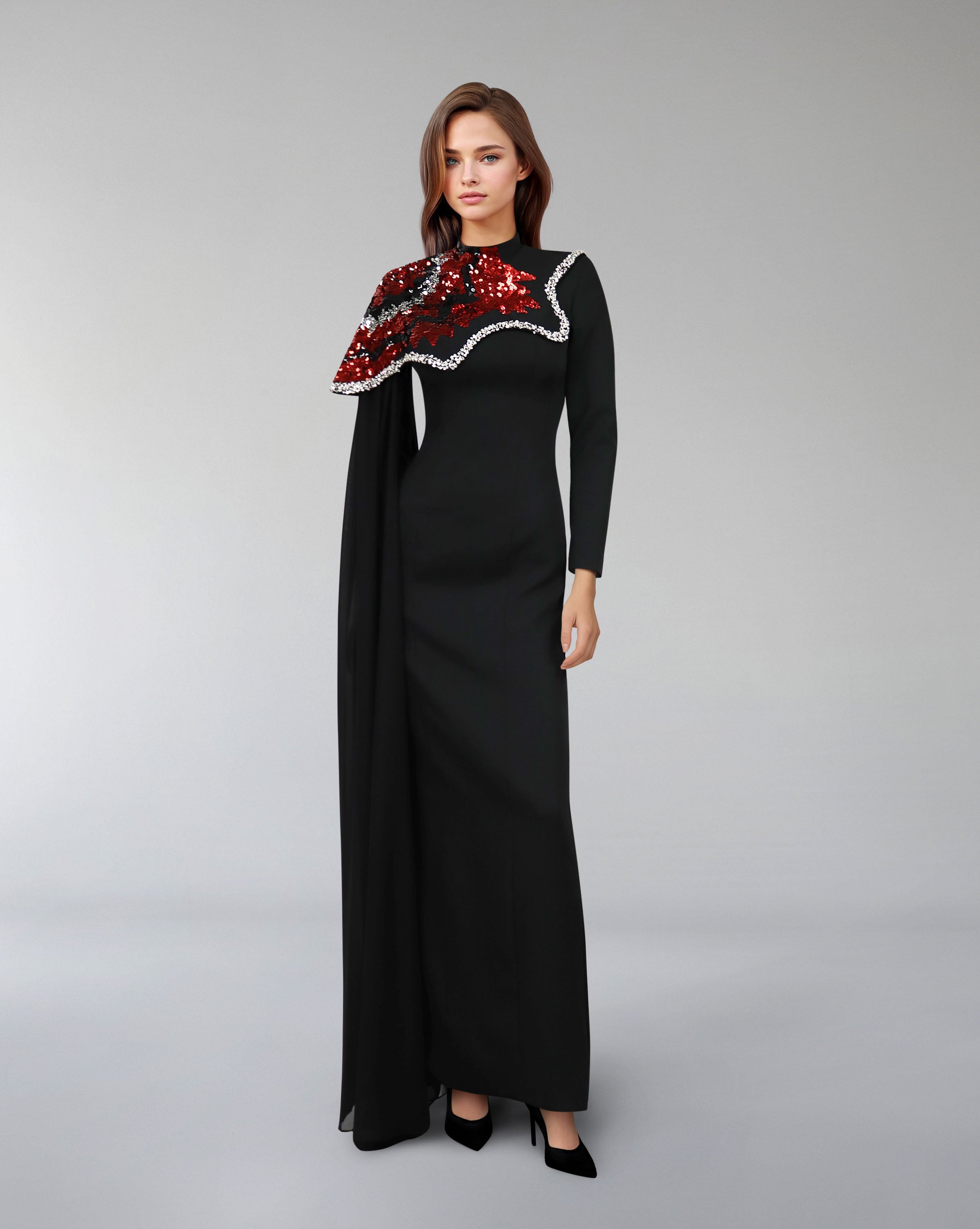 one-shoulder embellished column gown with sequin motif – REVAKTO