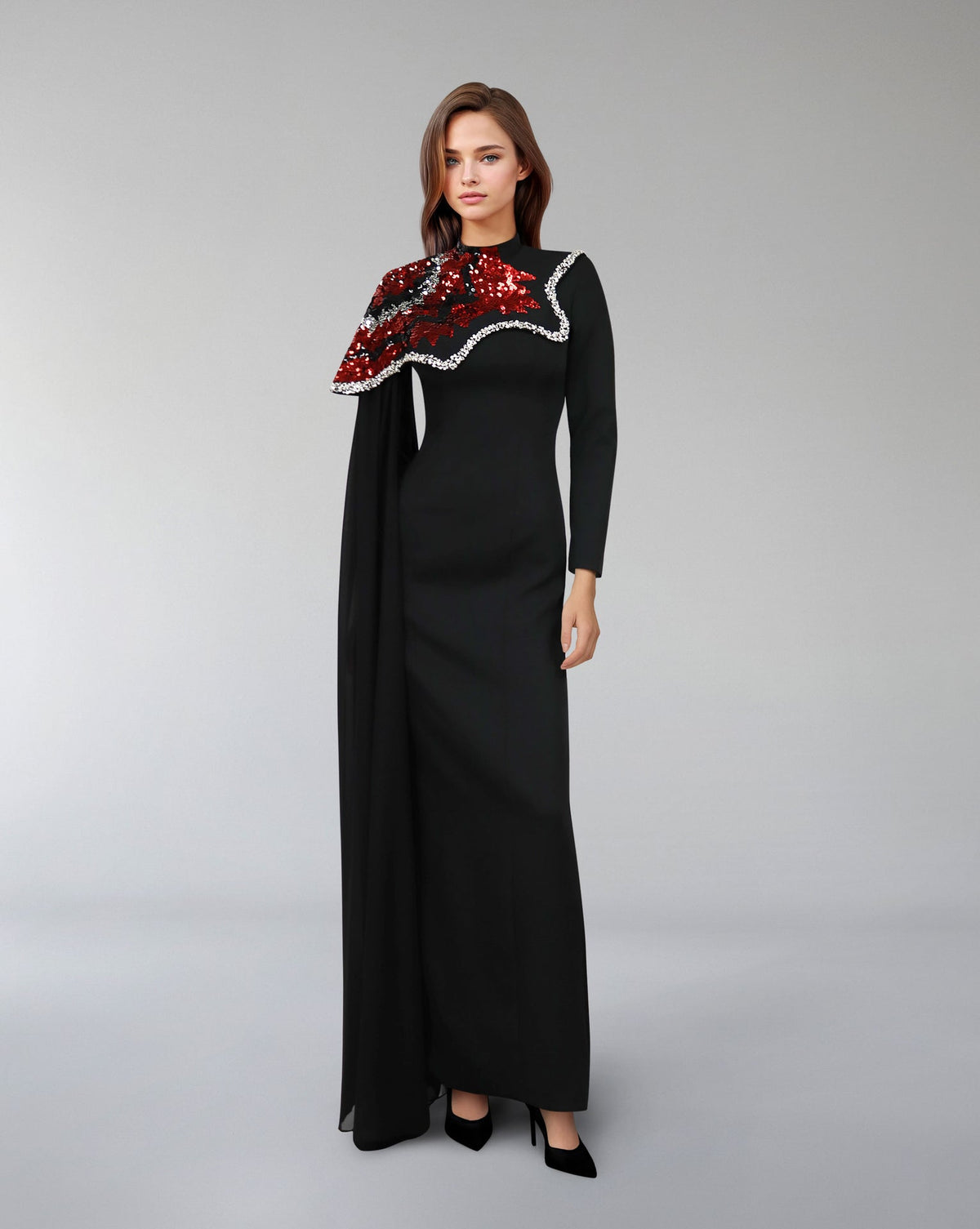 one-shoulder embellished column gown with sequin motif – REVAKTO