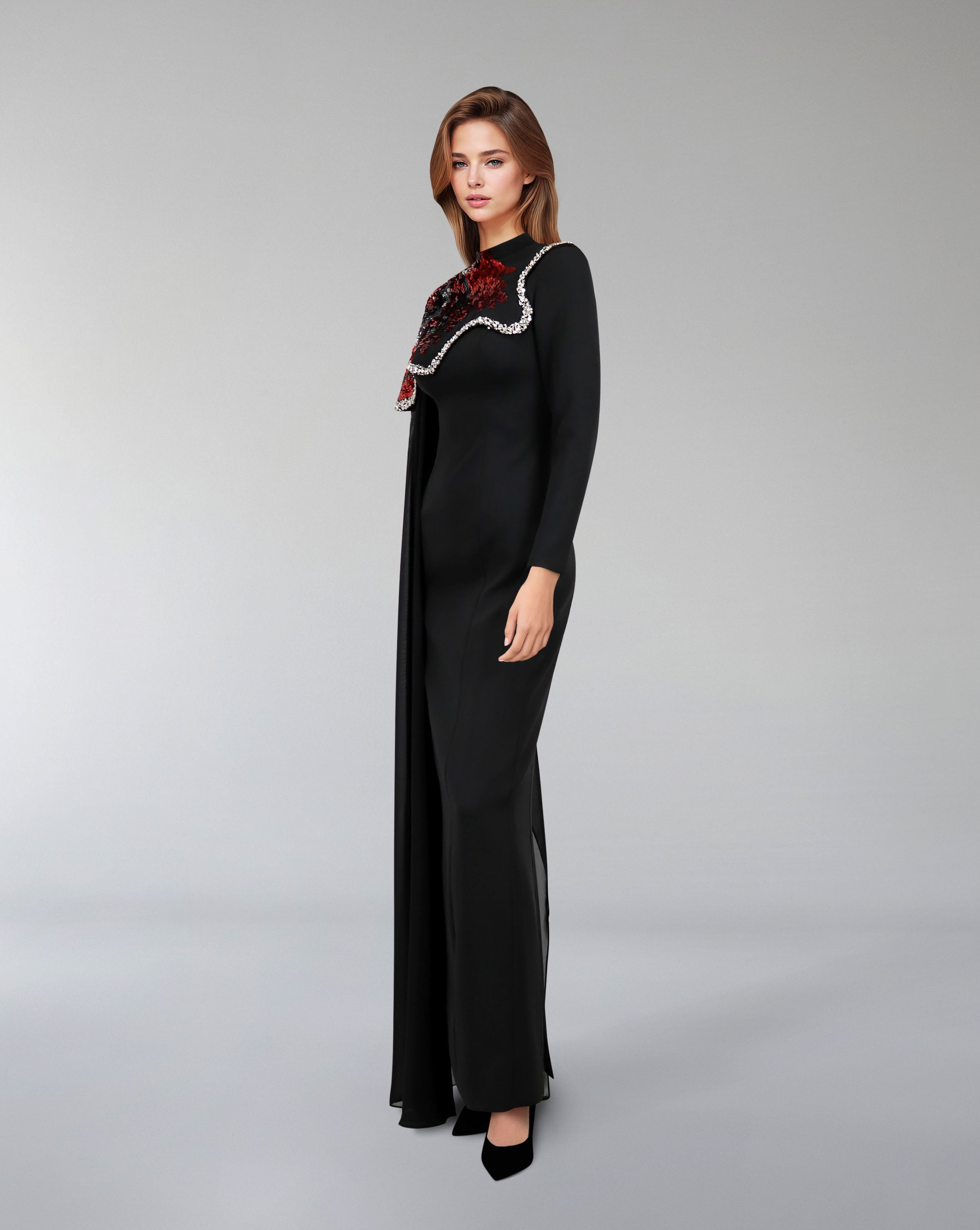 one-shoulder embellished column gown with sequin motif – REVAKTO