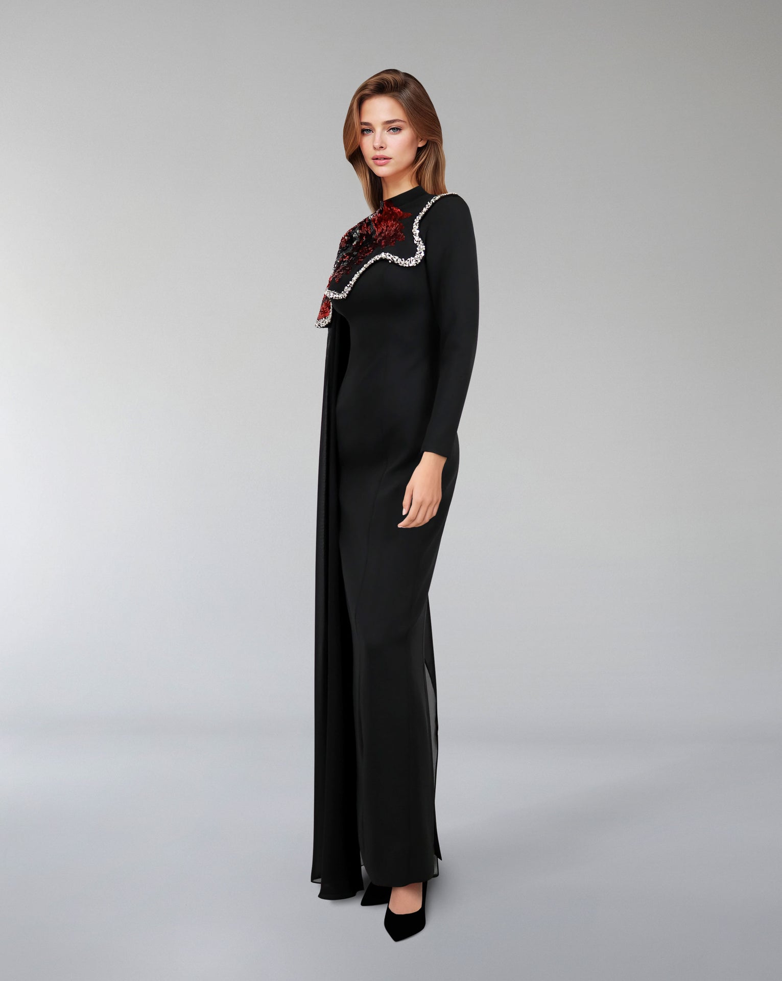 one-shoulder embellished column gown with sequin motif – REVAKTO