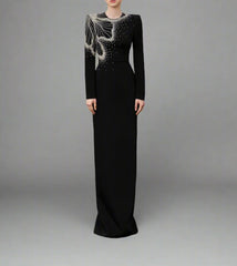 Long-Sleeve Column Dress with Beaded Floral Detail - CELESTE