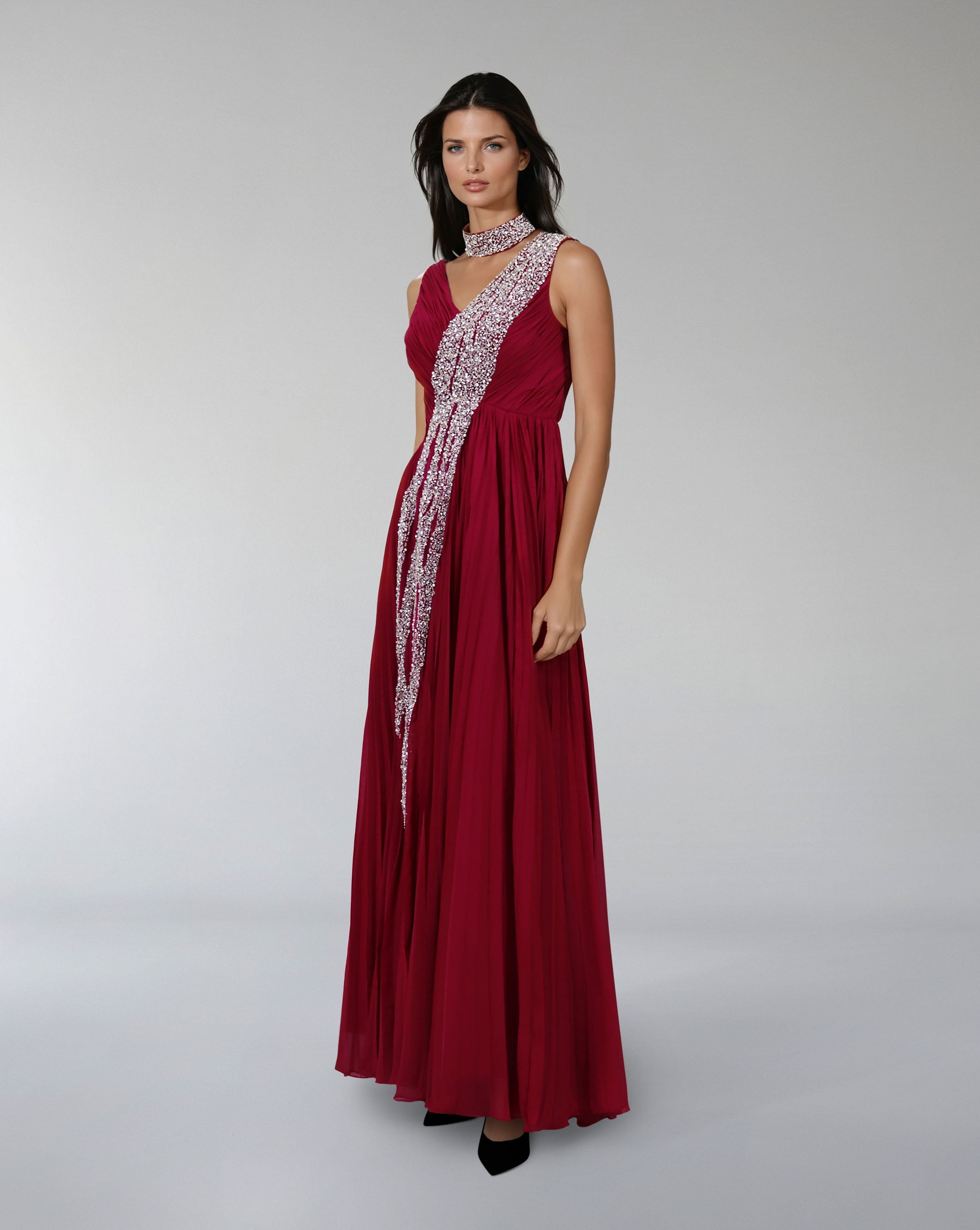 Sleeveless draped dress with bead cascade - VALENZIA