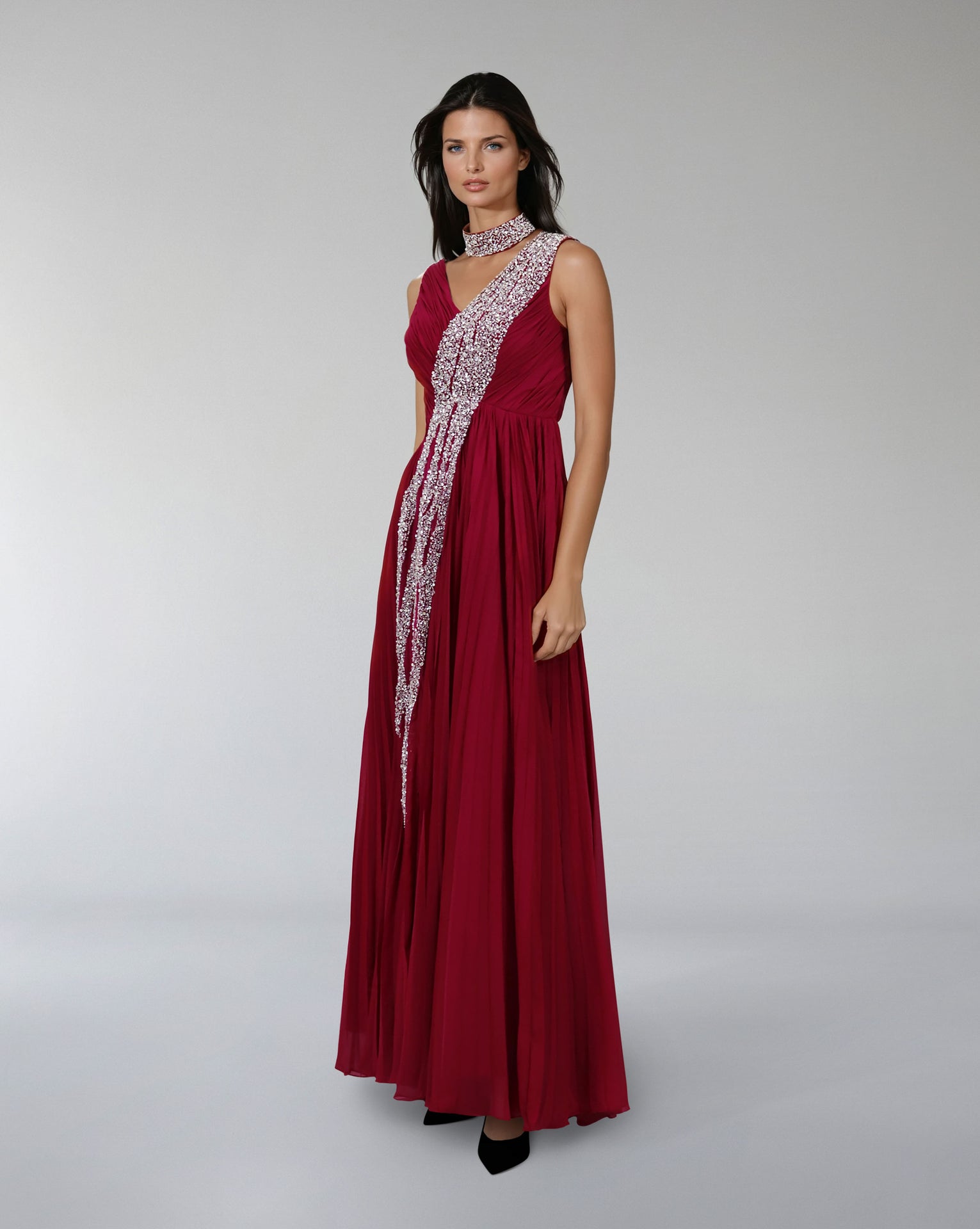 Sleeveless draped dress with bead cascade - VALENZIA