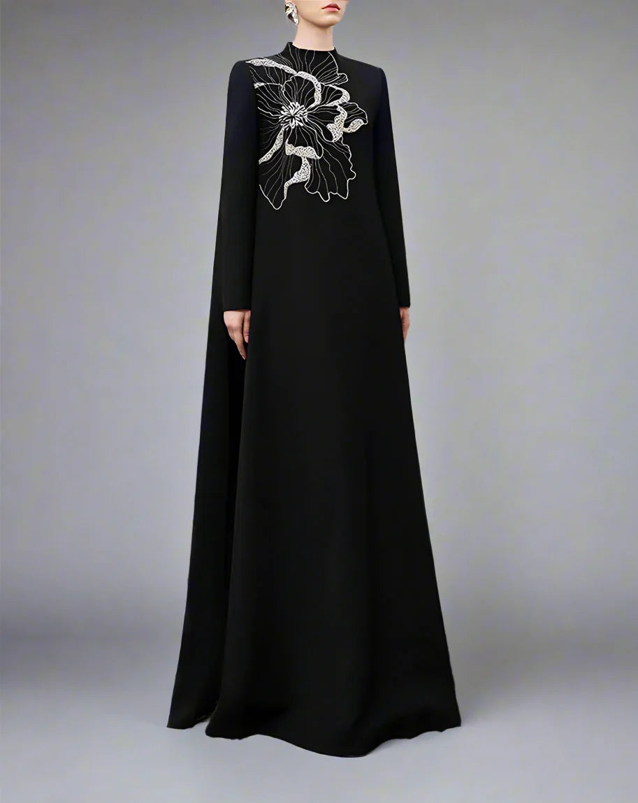 Long-sleeve flared dress with floral embellishment - BLOOM