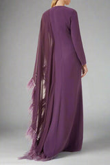 feather-trim slit gown with sheer cape – Raahf