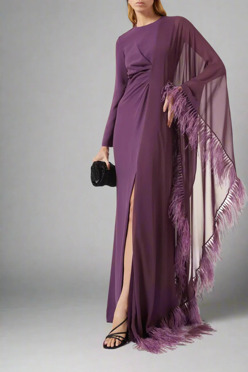 feather-trim slit gown with sheer cape – Raahf