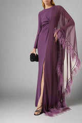 feather-trim slit gown with sheer cape – Raahf