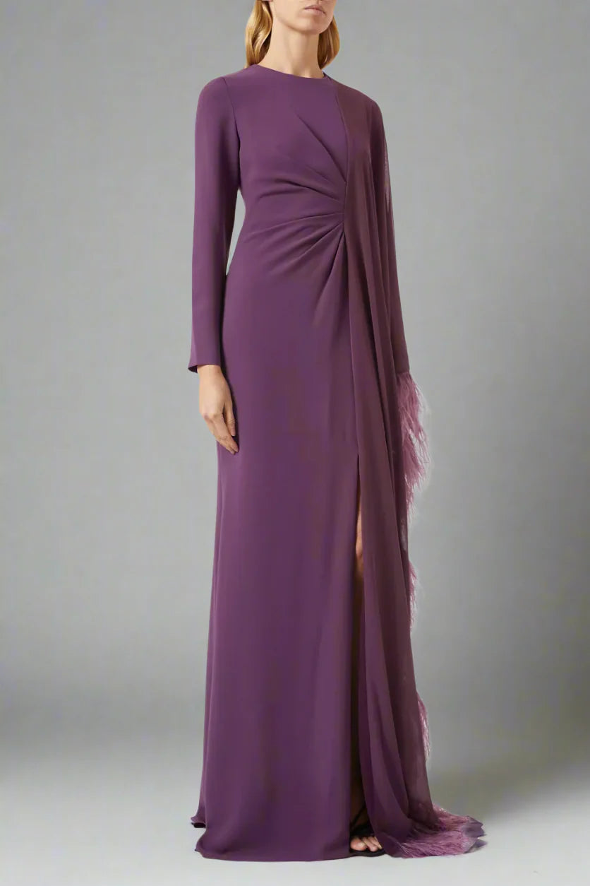 feather-trim slit gown with sheer cape – Raahf