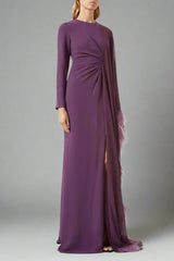 feather-trim slit gown with sheer cape – Raahf