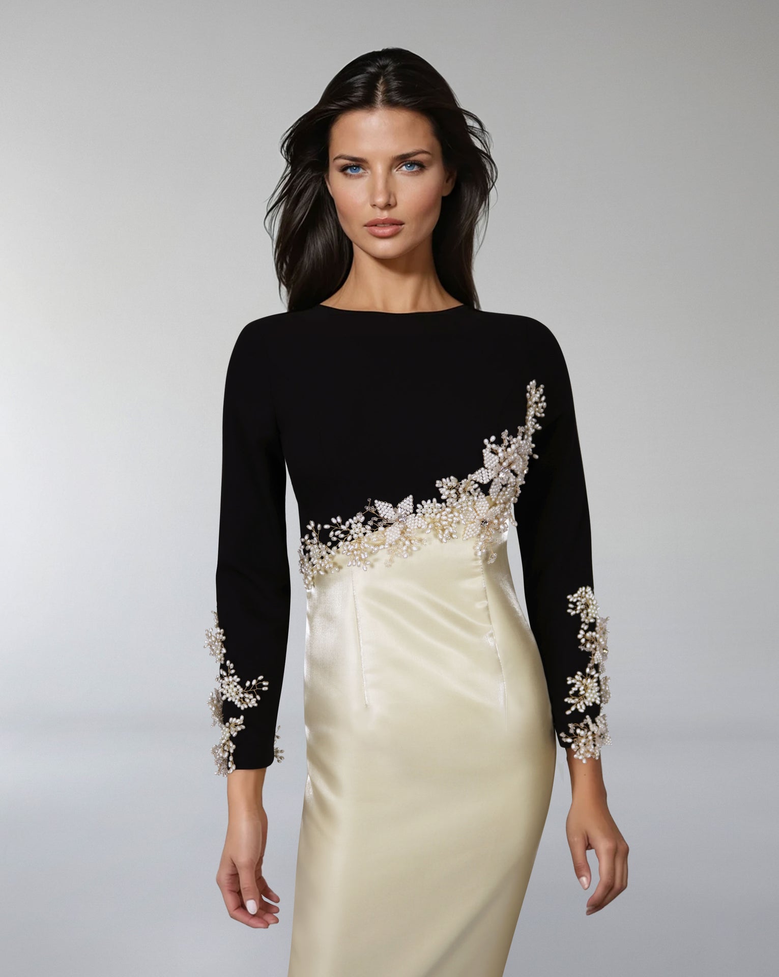 Long sleeve column dress with diagonal embellishments - LYSSA