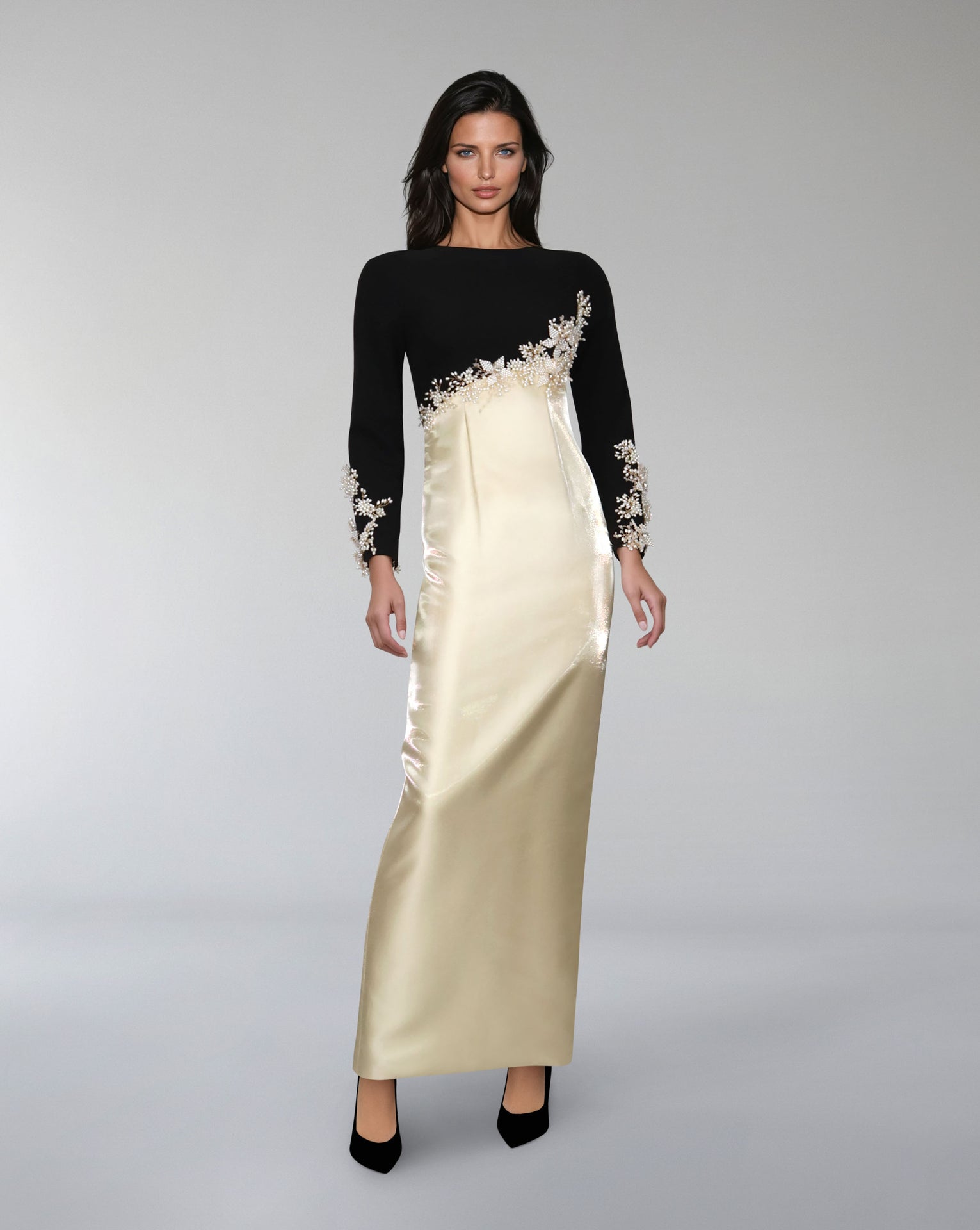 Long sleeve column dress with diagonal embellishments - LYSSA
