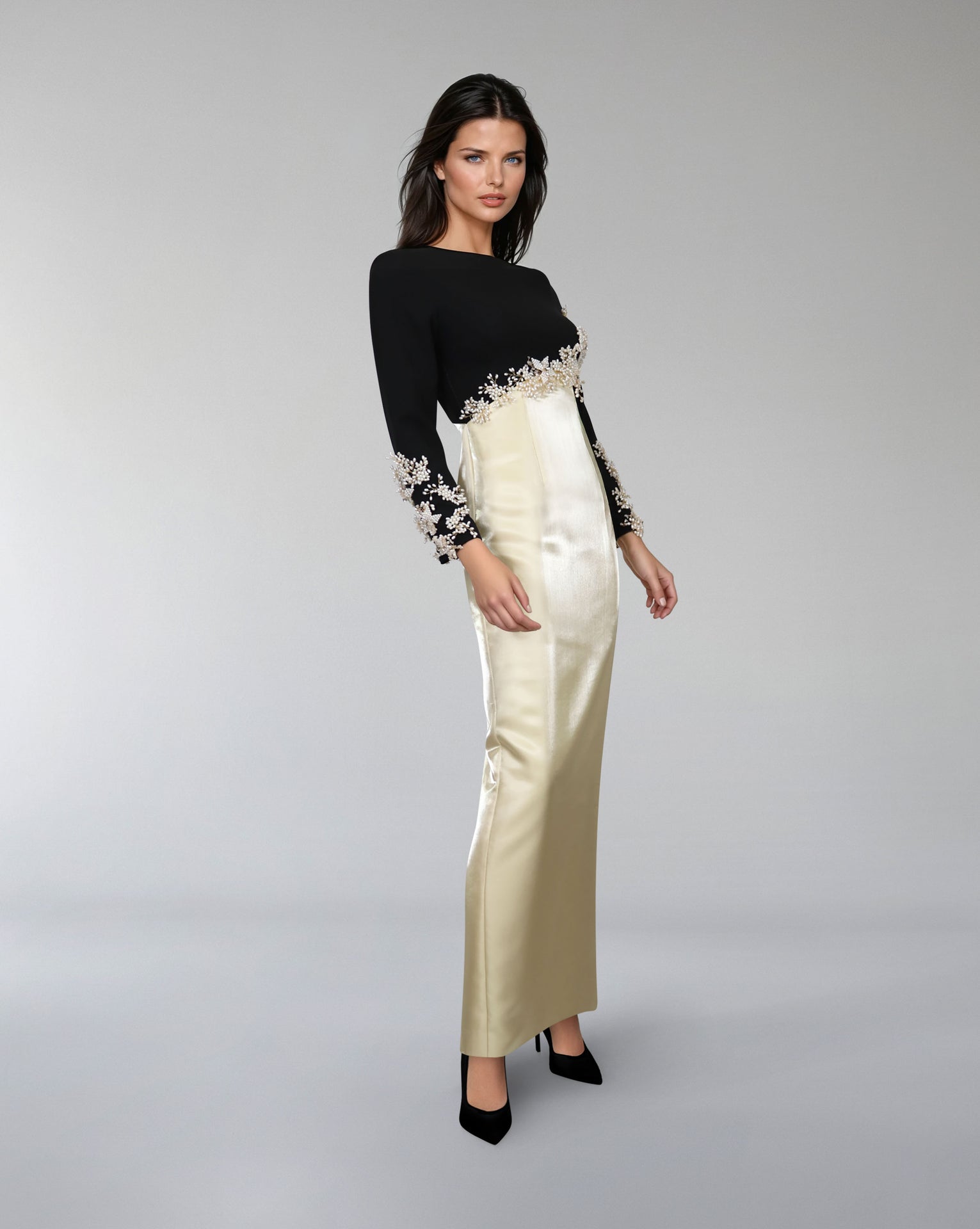 Long sleeve column dress with diagonal embellishments - LYSSA