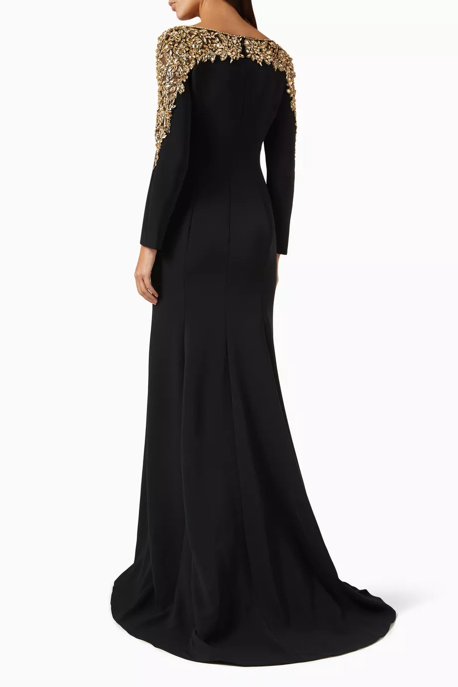 long sleeve flared gown with gold embellished cape detail – ORABEL