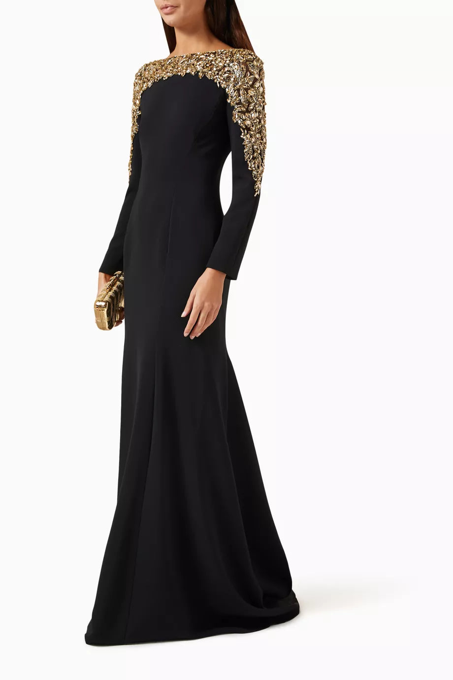 long sleeve flared gown with gold embellished cape detail – ORABEL