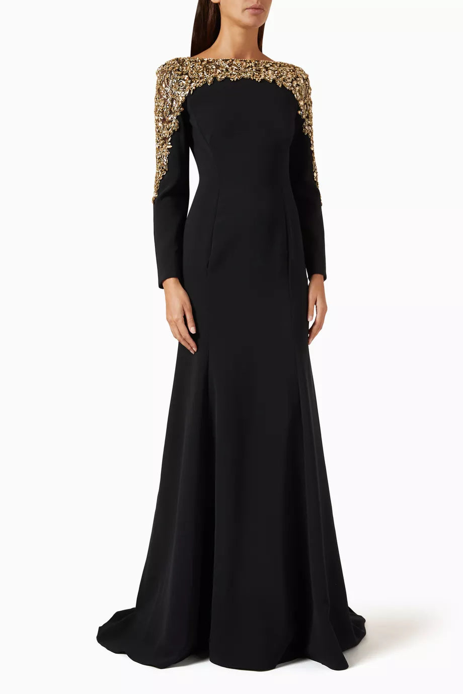 long sleeve flared gown with gold embellished cape detail – ORABEL