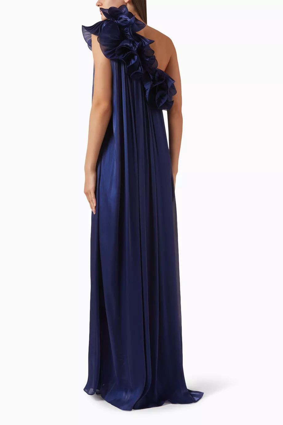 One-shoulder pleated gown with oversized floral detail – NAVIL