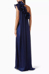 One-shoulder pleated gown with oversized floral detail – NAVIL