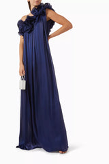 One-shoulder pleated gown with oversized floral detail – NAVIL