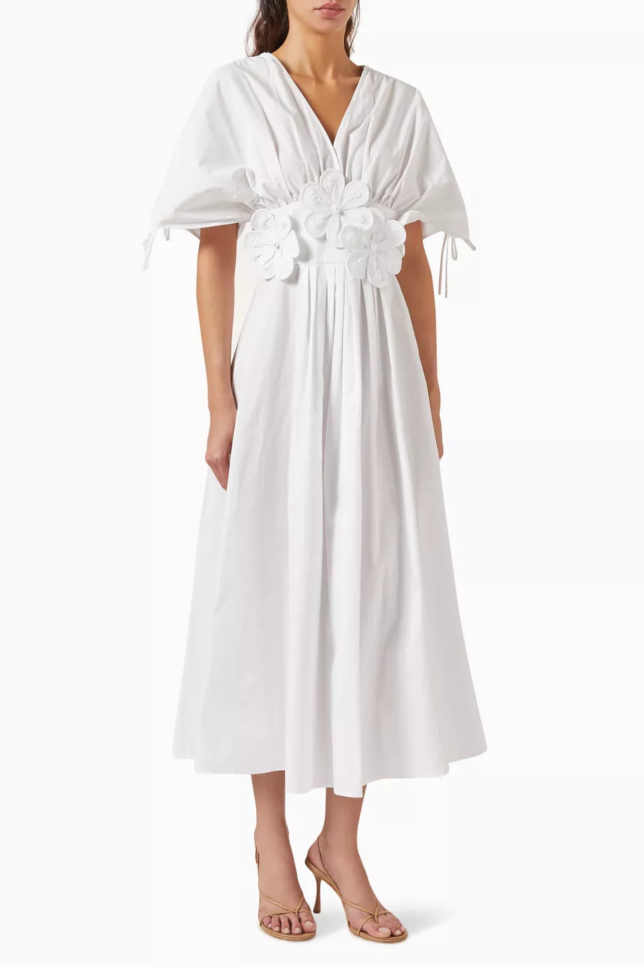 v-neck cotton midi dress with 3D floral waist – BLIOM