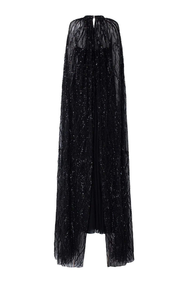 Strapless gown with floor-length lace cape – Moonie