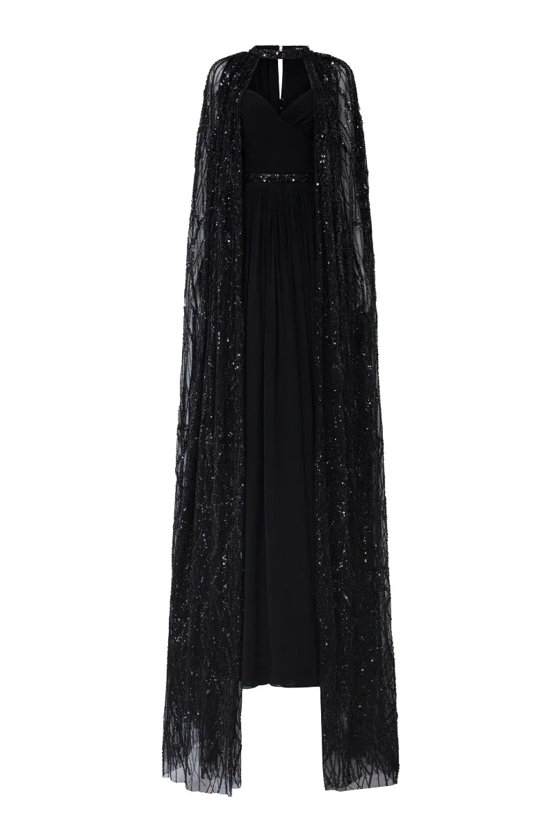 Strapless gown with floor-length lace cape – Moonie