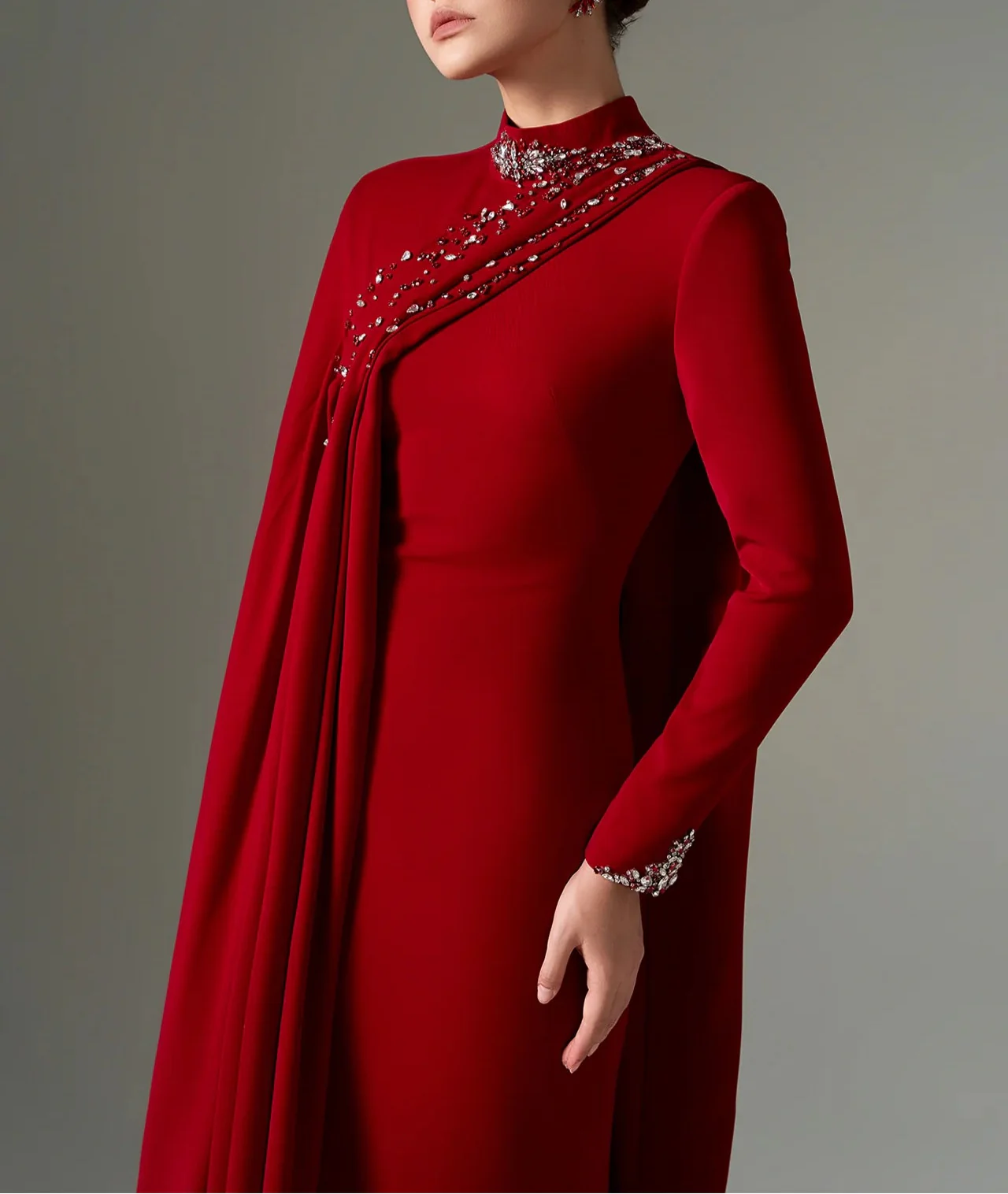 High-neck column dress with embellished draped detail – SUBY