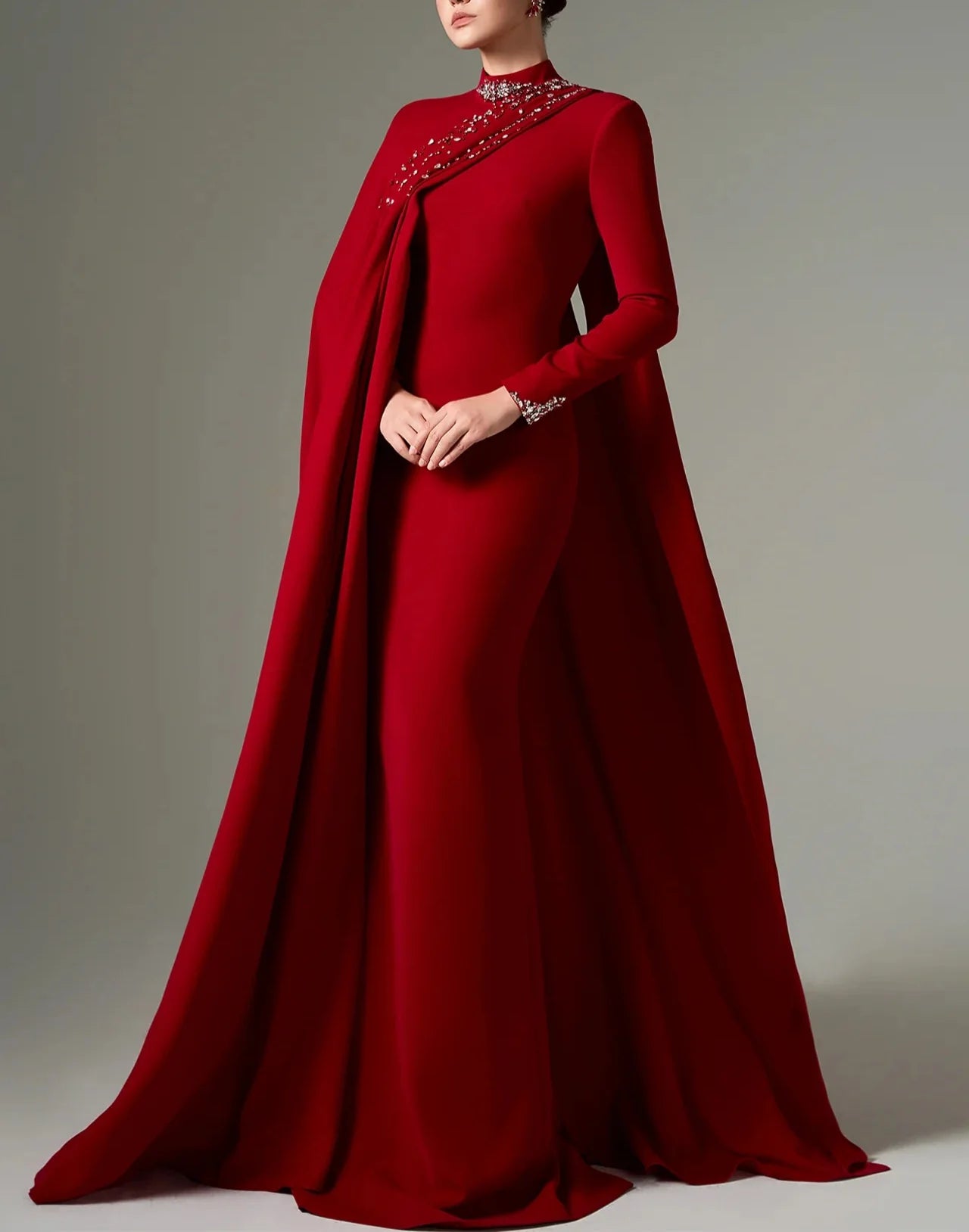 High-neck column dress with embellished draped detail – SUBY