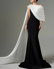 One-shoulder black gown with draped white cape – ZELEXE