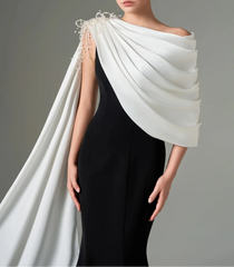 One-shoulder black gown with draped white cape – ZELEXE