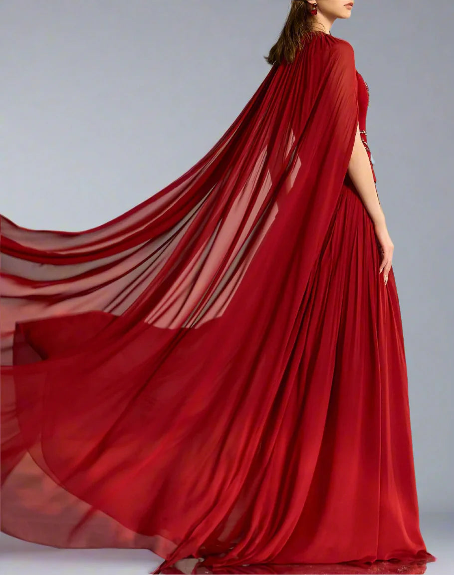 Embroidered draped gown with sheer cape – Levinity