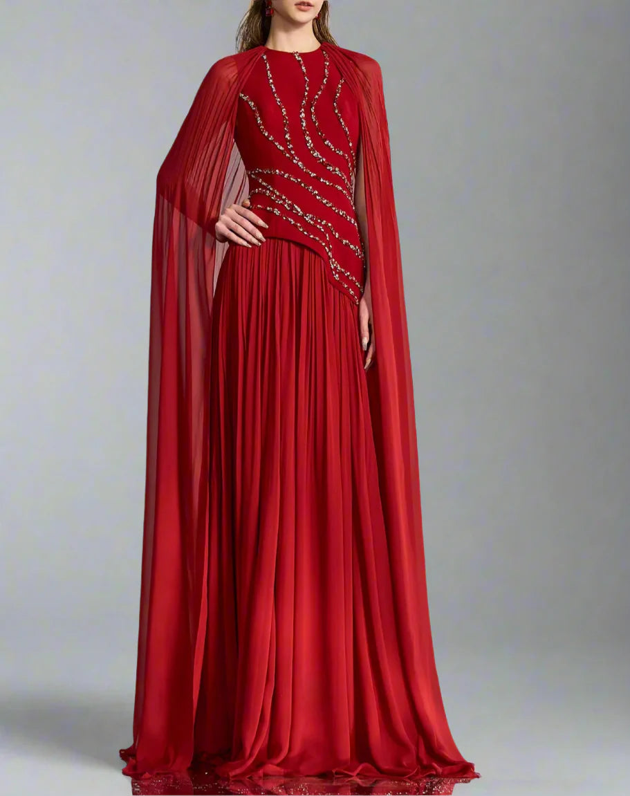 Embroidered draped gown with sheer cape – Levinity