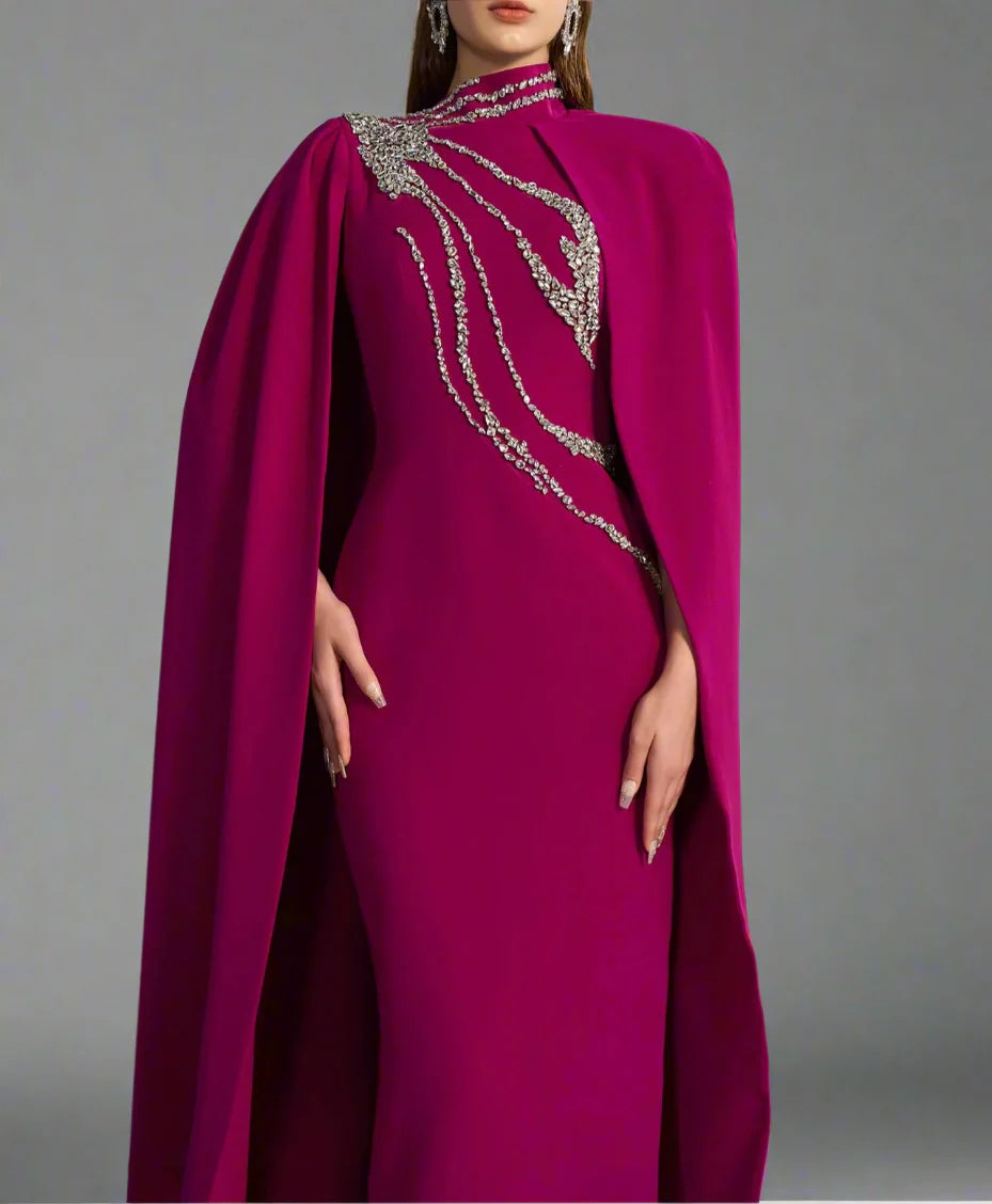 High-neck column dress with embellished maxi cape – Fugara