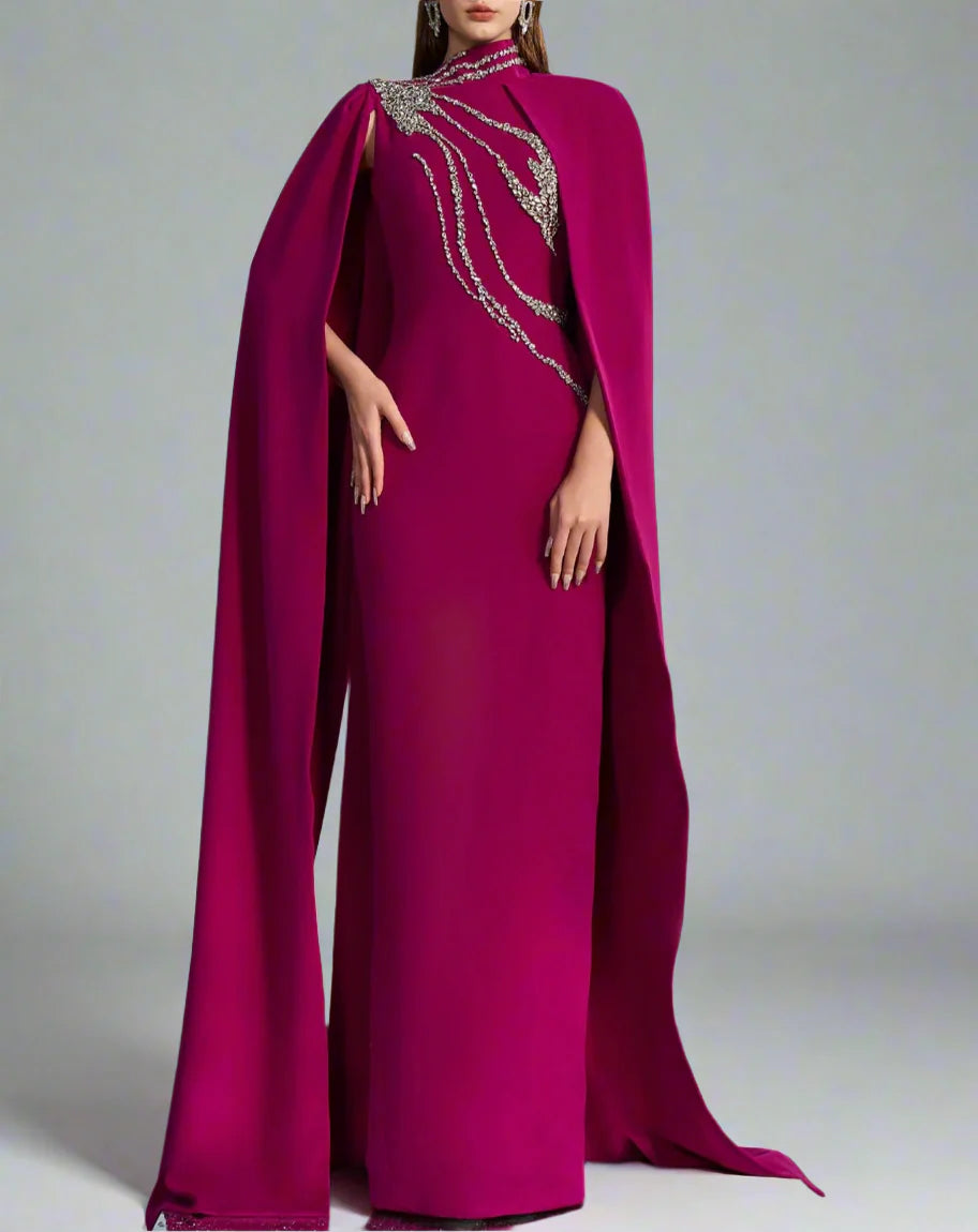 High-neck column dress with embellished maxi cape – Fugara