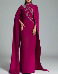 High-neck column dress with embellished maxi cape – Fugara
