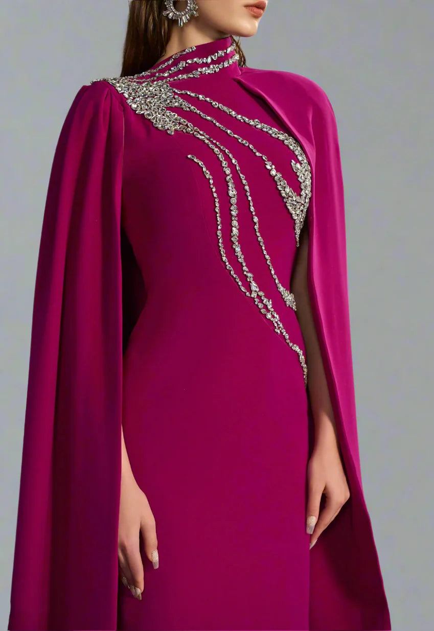 High-neck column dress with embellished maxi cape – Fugara