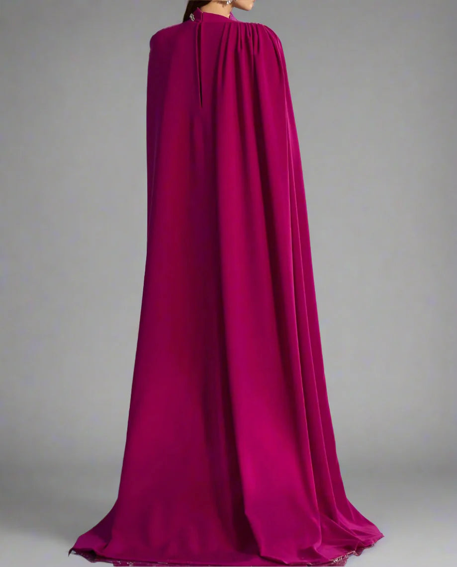 High-neck column dress with embellished maxi cape – Fugara