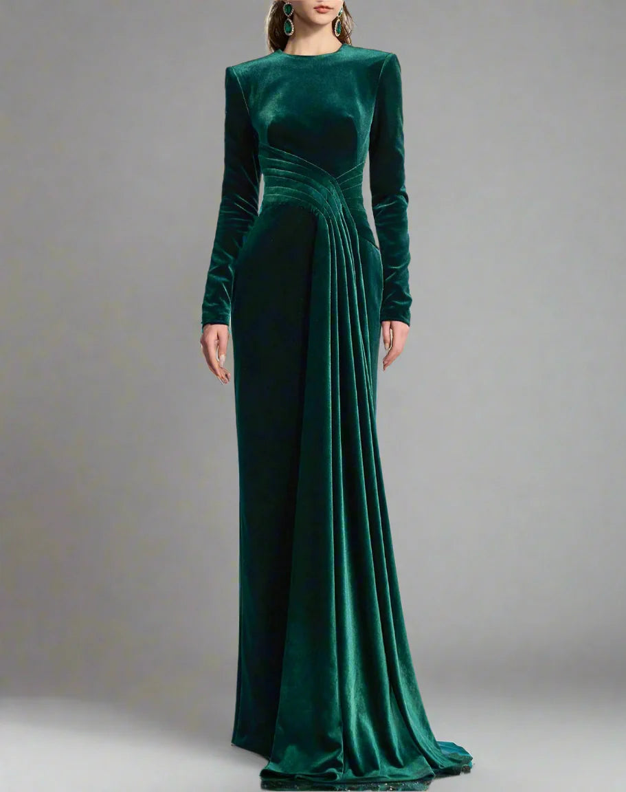 Long-sleeve velvet gown with draped waist – ENERALS