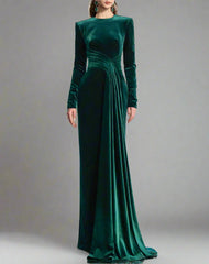 Long-sleeve velvet gown with draped waist – ENERALS