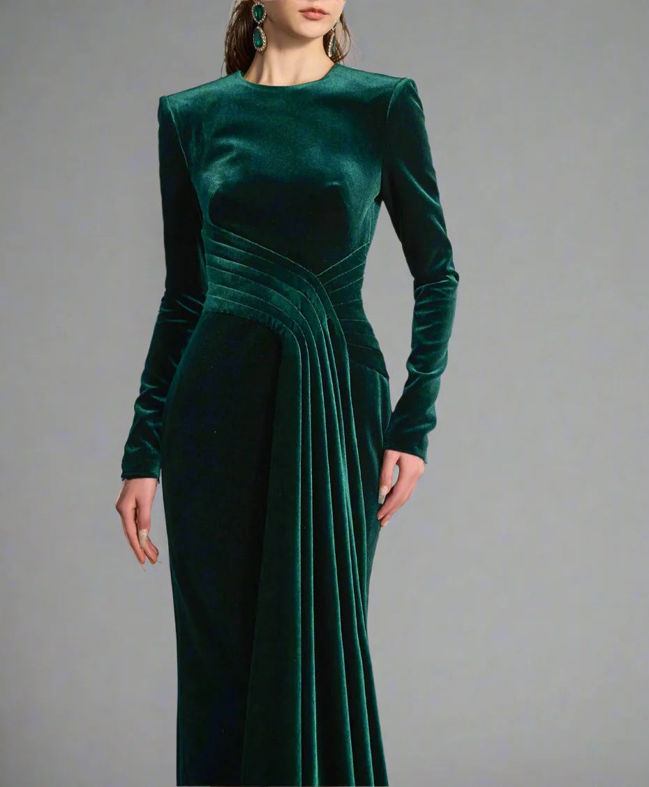 Long-sleeve velvet gown with draped waist – ENERALS