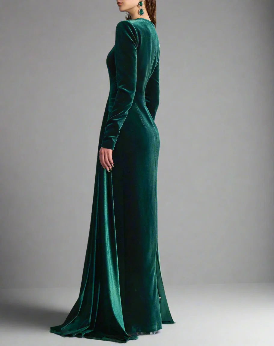 Long-sleeve velvet gown with draped waist – ENERALS