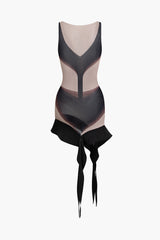 Sheer Abstract Mesh Asymmetric Mini Dress