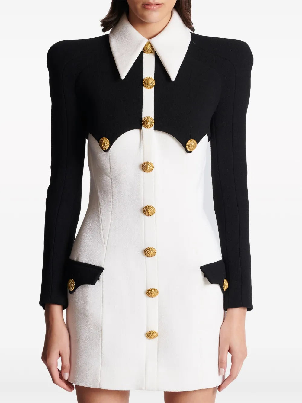 long-sleeve contrast mini dress with gold buttons – NOVA