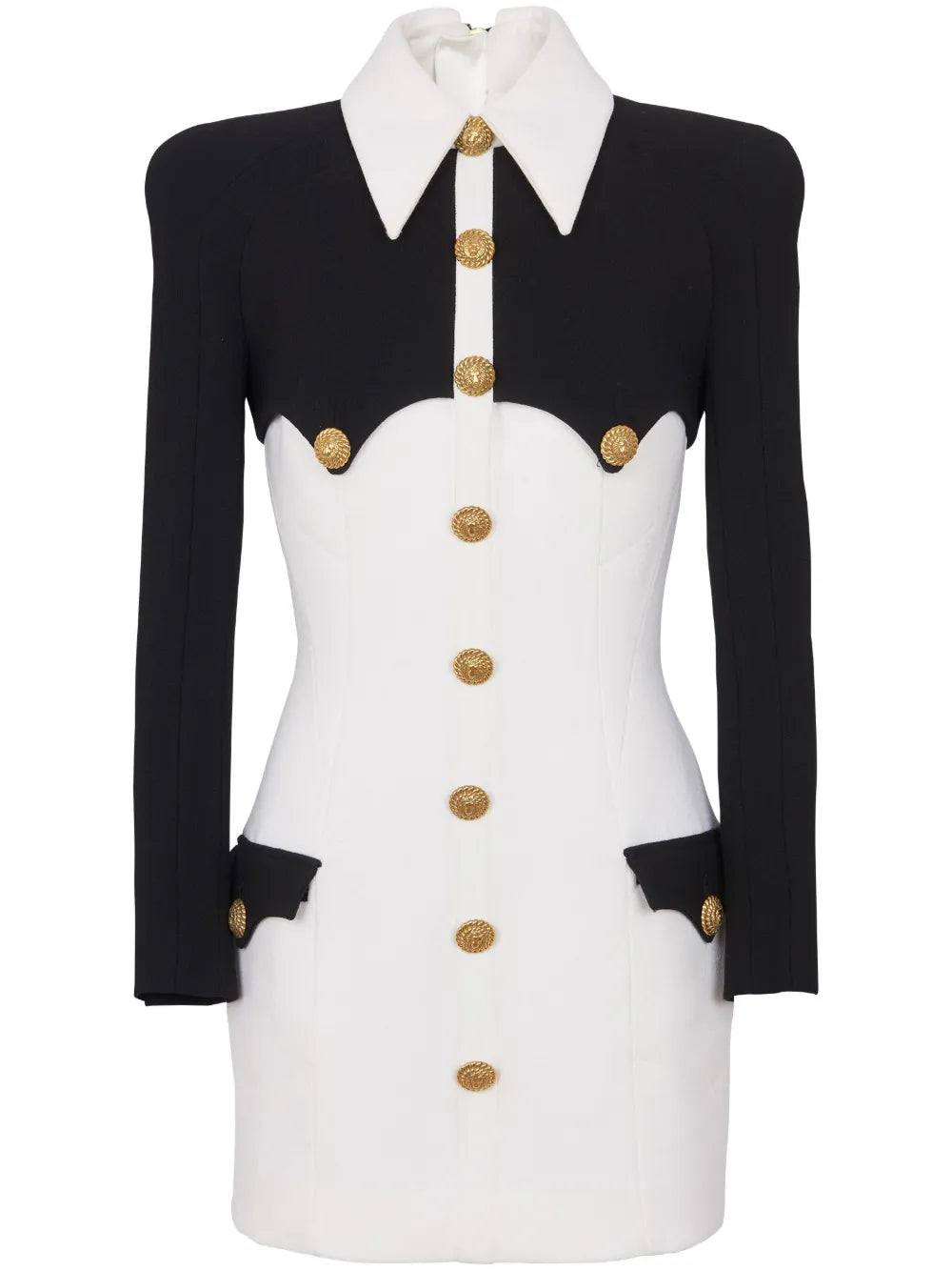 long-sleeve contrast mini dress with gold buttons – NOVA