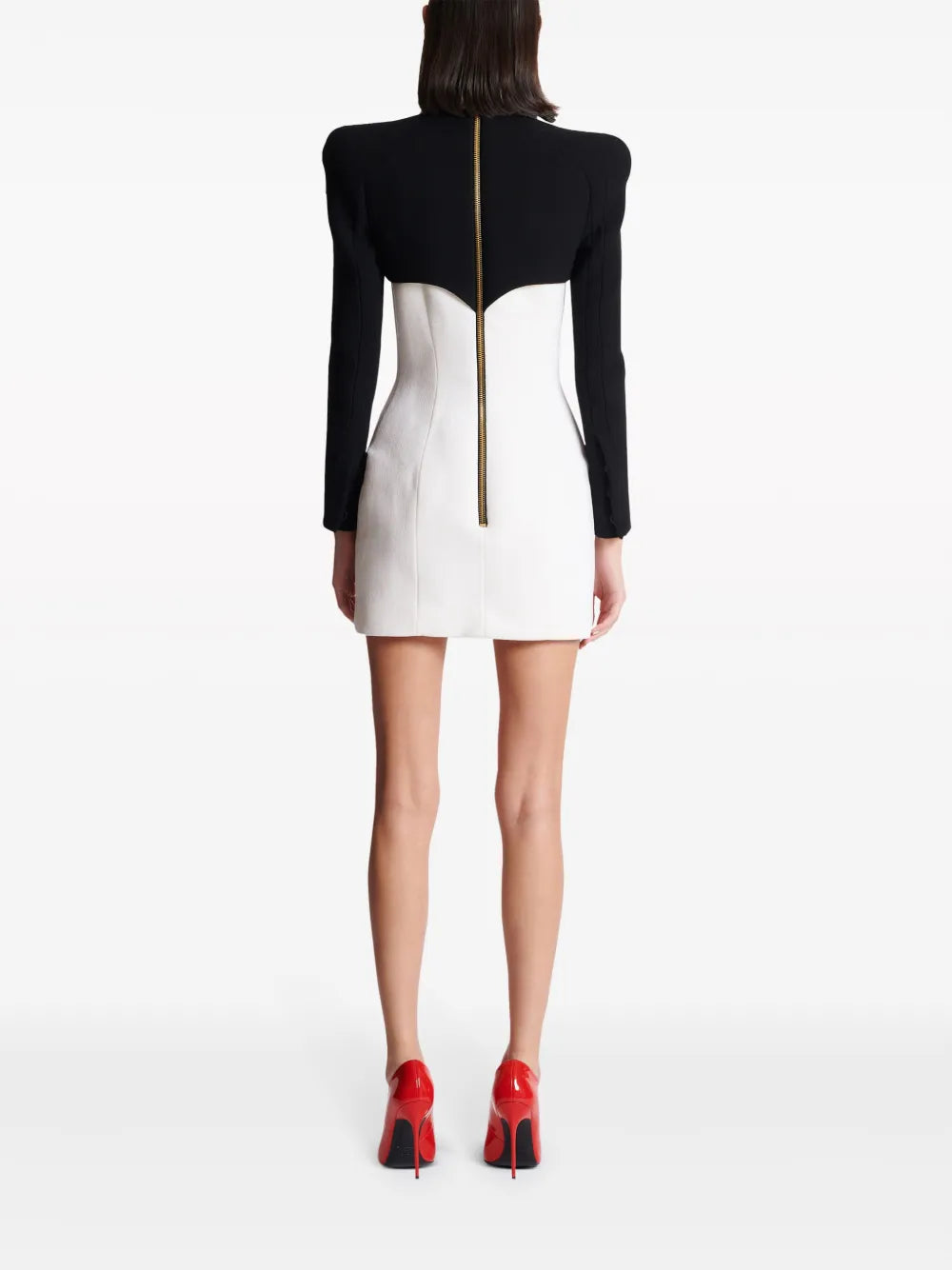 long-sleeve contrast mini dress with gold buttons – NOVA