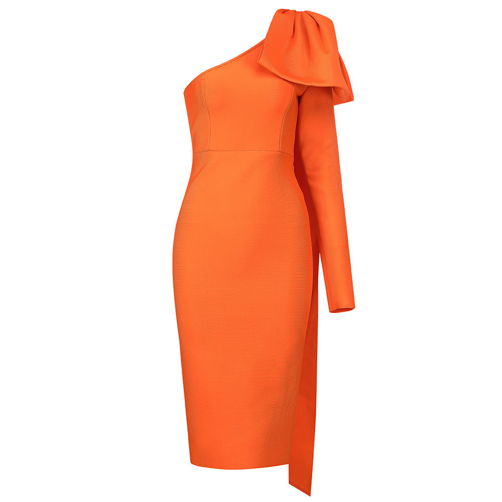 one-shoulder draped bow midi dress – Deyan