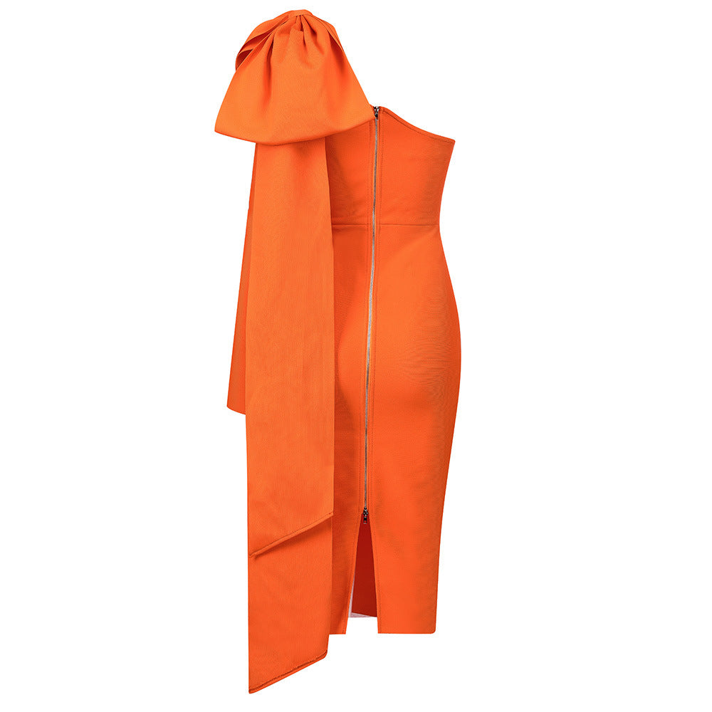 one-shoulder draped bow midi dress – Deyan