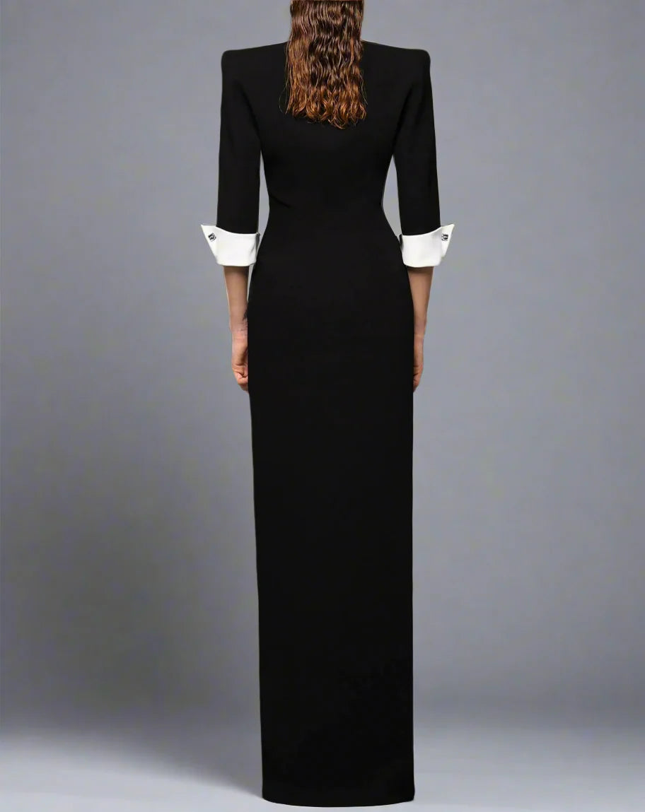 Tuxedo-inspired gown with contrast lapel and buttoned slit – Azuna