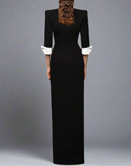 Tuxedo-inspired gown with contrast lapel and buttoned slit – Azuna