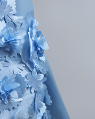 Strapless long sleeve blue dress with 3D flowers - Bolee